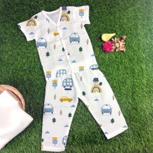 Baby wearing premium organic muslin pyjama set with half sleeve jabla and full pants, designed to keep skin cool and rash-free.