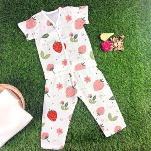 Premium muslin baby pyjama set with half sleeve jabla and full pants, soft breathable organic cotton, ideal for warm weather.