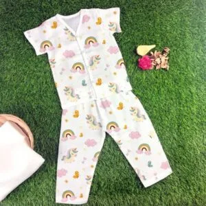 Organic muslin baby night suit set in soft breathable cotton, half sleeve top and full-length pyjama for warm climates