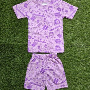 Purple kids cotton co-ord shorts set for boys and girls, short-sleeve top and elastic waist shorts, summer wear