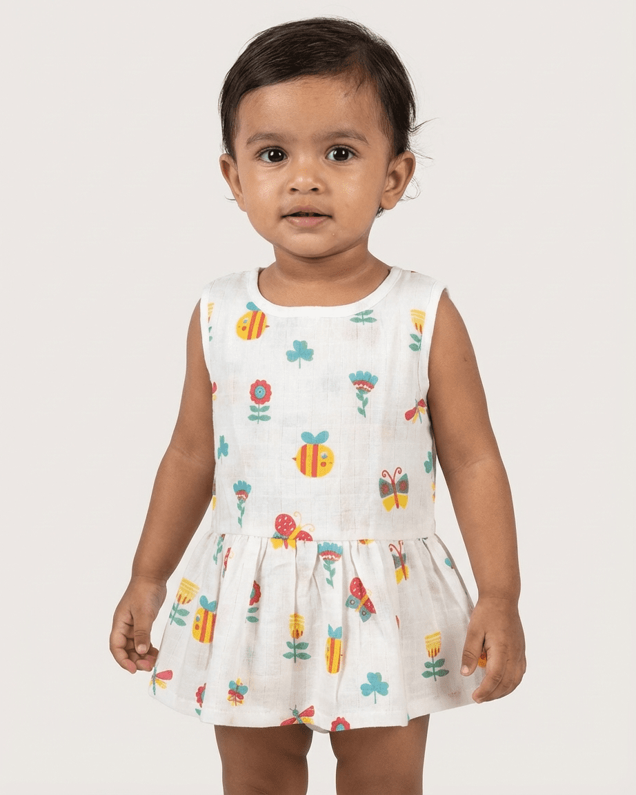 Muslin Back Button Frock for Baby | Soft Breathable 100% Cotton Muslin Dress | Newborn & Infant Summer Wear | Assorted Prints - Image 2