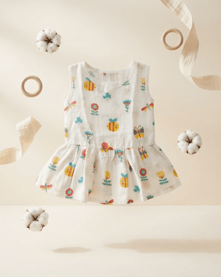 Muslin Back Button Frock for Baby | Soft Breathable 100% Cotton Muslin Dress | Newborn & Infant Summer Wear | Assorted Prints - Image 4