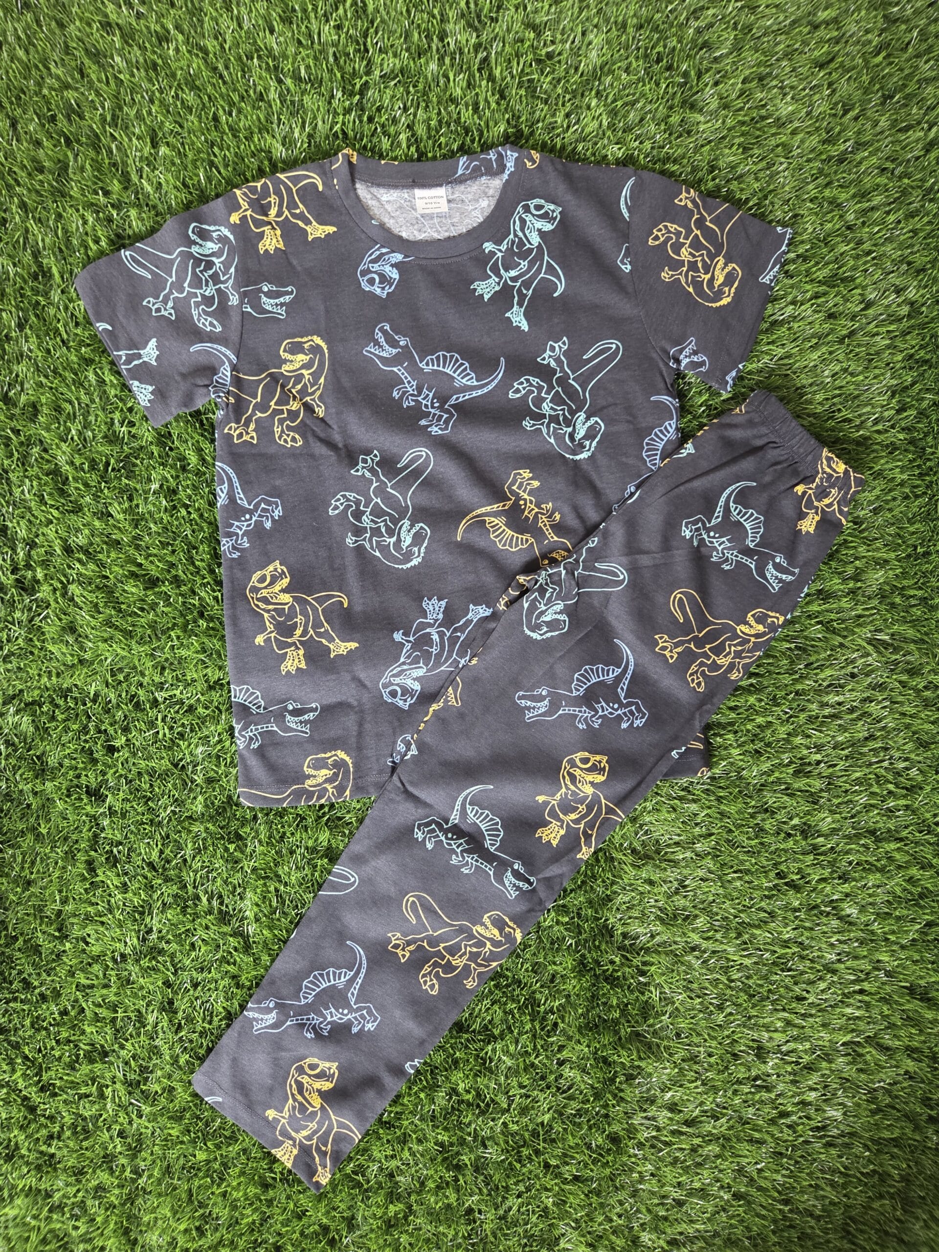 Premium Kids 100% Cotton Pant Co-Ord Set – Cute Dino Print Half Sleeve Top & Track Pant Two-Piece Loungewear