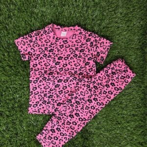 Premium Kids 100% Cotton Pant Co-Ord Set – Pink Heart Leopard Print Half Sleeve Top & Track Pant Two-Piece Loungewear