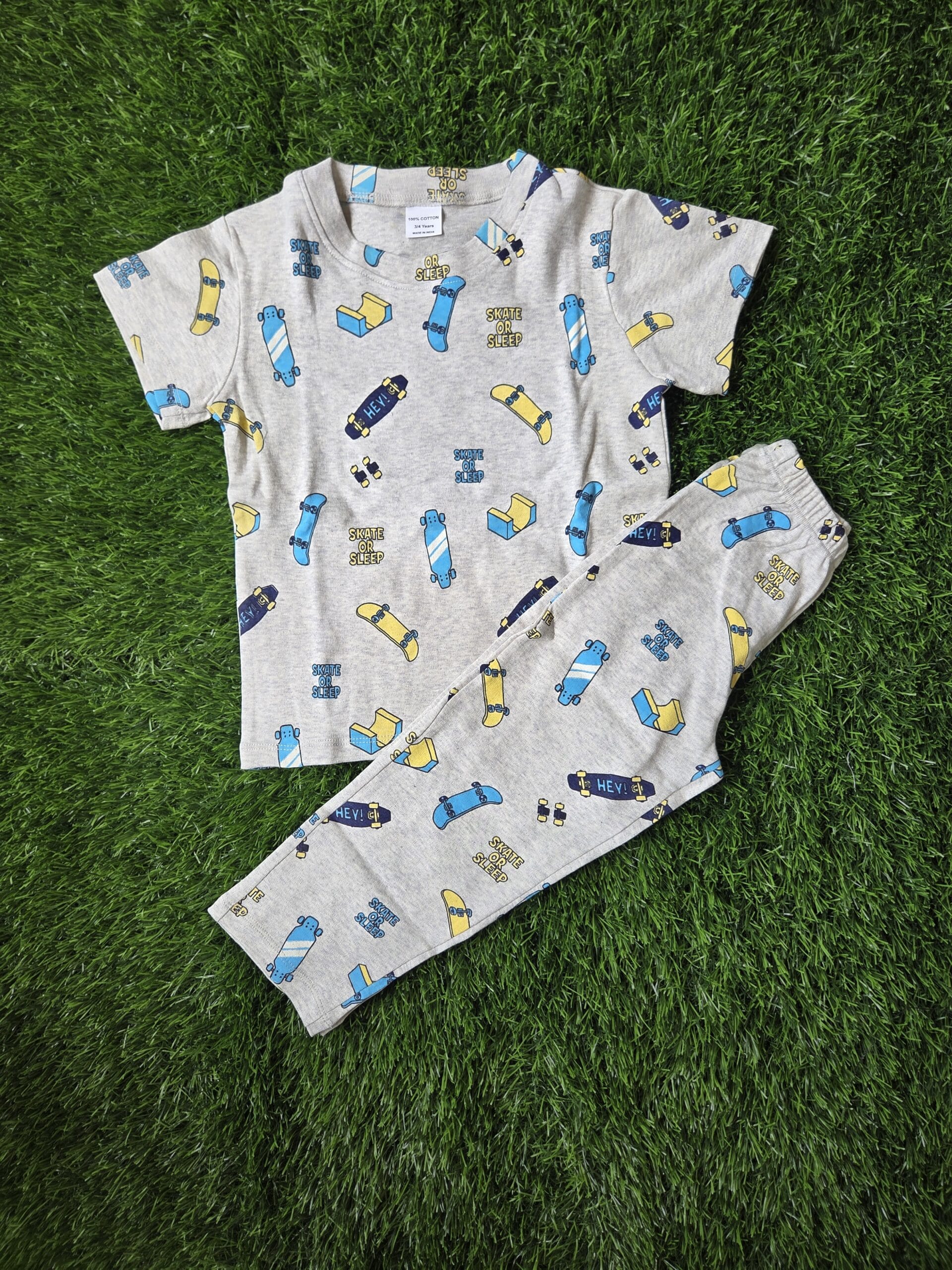 Premium Kids 100% Cotton Pant Co-Ord Set – Cute Skate Board Print Half Sleeve Top & Track Pant Two-Piece Loungewear