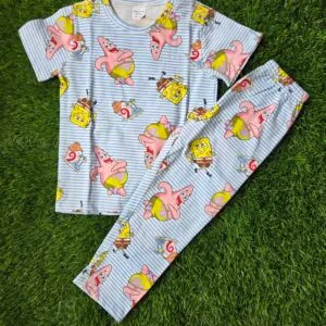 Premium Kids 100% Cotton Pant Co-Ord Set – Cute SpongeBob Print Half Sleeve Top & Track Pant Two-Piece Loungewear
