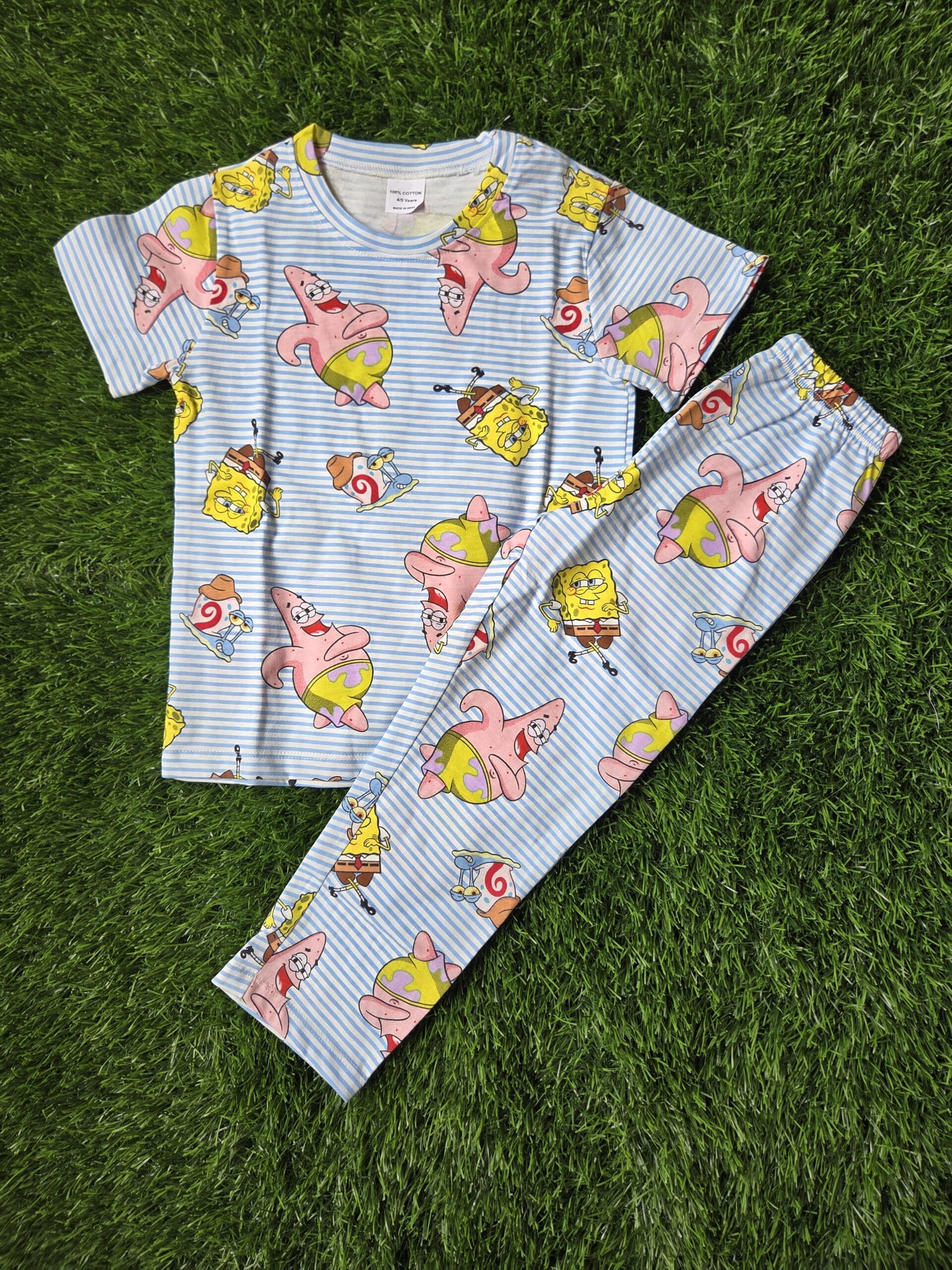 Premium Kids 100% Cotton Pant Co-Ord Set – Cute SpongeBob Print Half Sleeve Top & Track Pant Two-Piece Loungewear