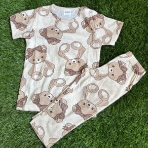 Premium Kids 100% Cotton Pant Co-Ord Set – Cute Teddy Bear Print Half Sleeve Top & Track Pant Two-Piece Loungewear
